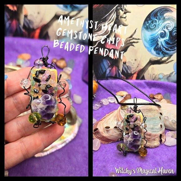 Amethyst Gemstone Heart with Crystal Chips and Beads Pendant - Picture 1 of 6